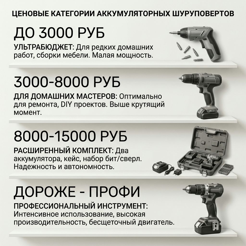 Инфографика ценовых полок бюджетных шуруповёртов от 3000 до 15000 рублей
