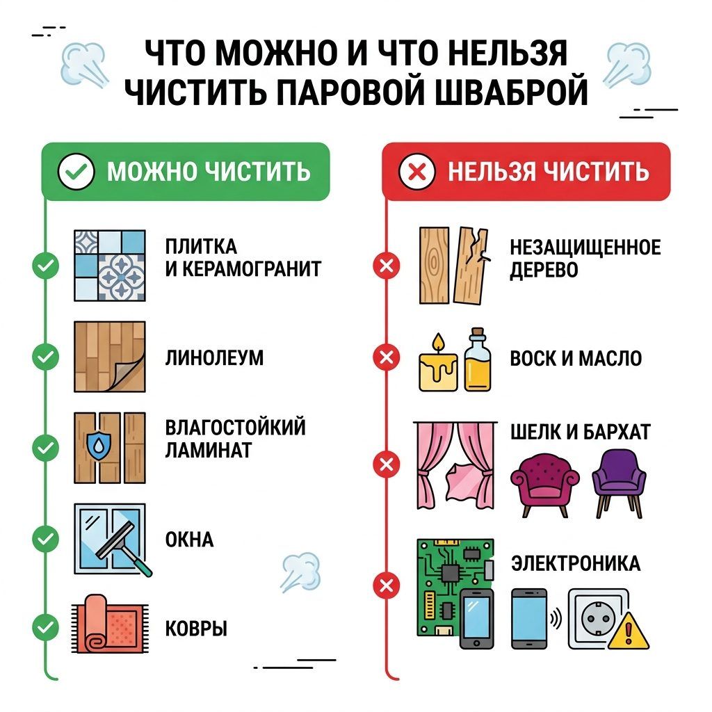 Инфографика: что можно и нельзя мыть паровой шваброй