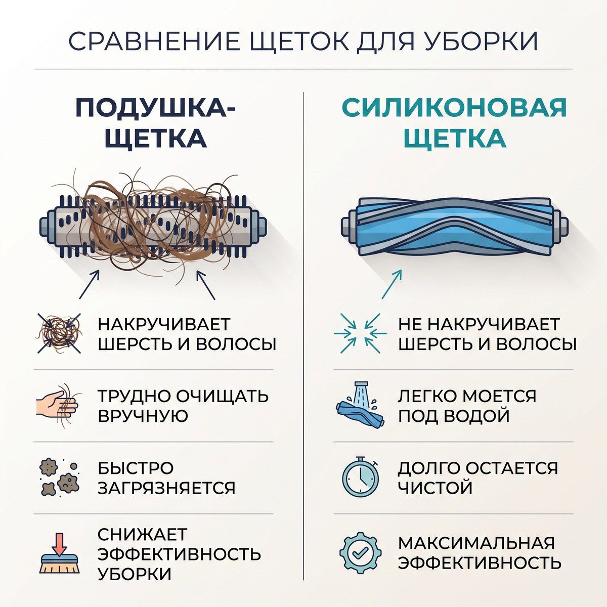 сравнение ворсовой и силиконовой щётки робота-пылесоса