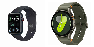 Квадратные Apple Watch с тёмным ремешком и круглые Samsung Galaxy Watch цвета хаки на белом фоне
