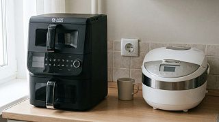 Двухкамерный аэрогриль CaseGuru Двужаров и белая мультиварка стоят рядом на кухонной столешнице у окна