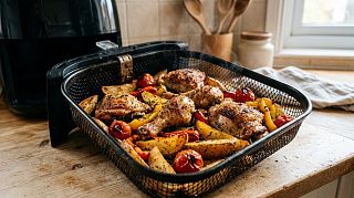 Курица и овощи с хрустящей корочкой в чаше аэрогриля, приготовленные без масла