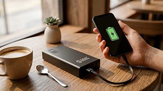 Повербанк для айфона CGPower Plus заряжает iPhone встроенным кабелем на столике в кафе