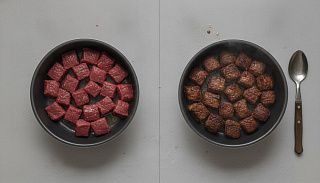 Шаги 5-6: разогрев аэрогриля до 200 °C и обжарка говядины в чаше одним слоем