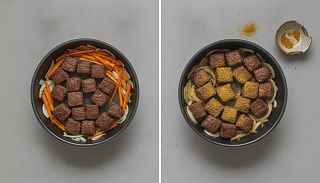 Шаги 7-8: морковь и лук к мясу, затем специи, соль и чёрный перец