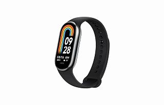 Xiaomi Smart Band 8 в серебристой рамке: 09:28, температура 25 и заряд 85