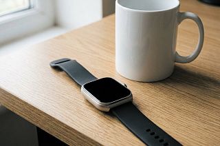 CGWatch Nova рядом с кофейной кружкой на столе — виден реальный размер корпуса смарт-часов