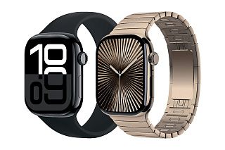 Чёрные Apple Watch с цифрами 10:09 и золотистые титановые на блочном браслете