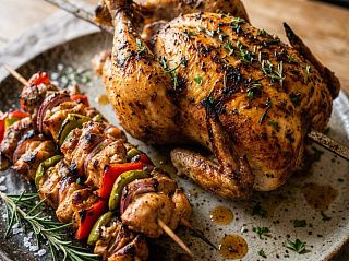 Золотистая курица-гриль на вертеле и шампуры-шашлык с овощами на тарелке — то, что даёт вертел с автовращением