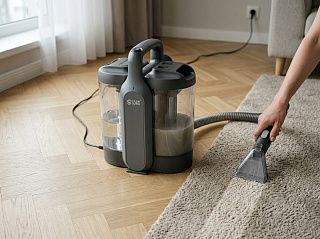 Моющий пылесос CaseGuru АкваКлин чистит ковёр: в левом баке чистая вода, в правом мутная грязная