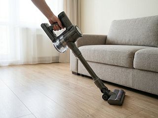 Вертикальный пылесос CGCleaner Home 2 в руке во время быстрой уборки пола у дивана в квартире