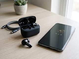 Наушники CGPods Air Pro с кейсом и кабелем Type-C рядом со смартфоном на столе — работают на любом телефоне