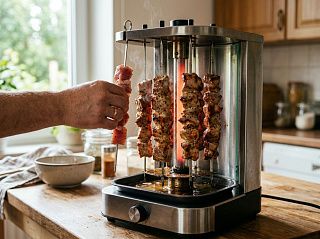 Электрошашлычница вертикальная в работе: рука надевает шампур с мясом, жир стекает в поддон