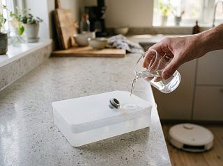В снятый бак робота-пылесоса заливают чистую водопроводную воду из стеклянного кувшина, без пены