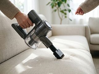 Пылесос CaseGuru CGCleaner Home 2 с мебельной насадкой чистит диван от пыли и шерсти