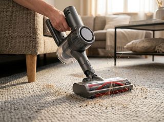 Беспроводной вертикальный пылесос CaseGuru CGCleaner Home 2 убирает ковёр с ворсом турбо-щёткой