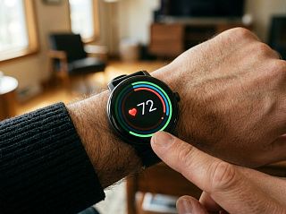 Круглый AMOLED-дисплей смарт-часов крупным планом на запястье, на экране пульс 72 и кольца активности