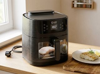Аэрогриль CaseGuru Жароваров с филе минтая, видно через окошко, дисплей 180 °C