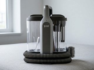 Моющий пылесос-экстрактор CaseGuru АкваКлин на светлой тканевой обивке дивана, шланг смотан у основания