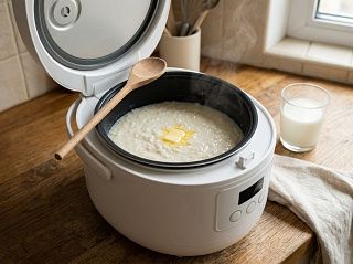 Молочная рисовая каша с кусочком сливочного масла в чаше открытой мультиварки, рядом стакан молока
