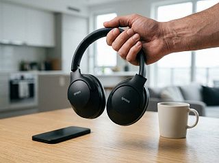Полноразмерные наушники CGPods Max в руке — дуга оголовья размером с ладонь и часть предплечья