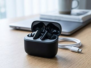 Кейс CGPods Air Pro открыт на рабочем столе, оба наушника в гнёздах, рядом кабель Type-C
