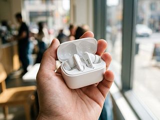 Белые наушники CGPods Air Pro в открытом кейсе на ладони — активное шумоподавление за 6 490 ₽