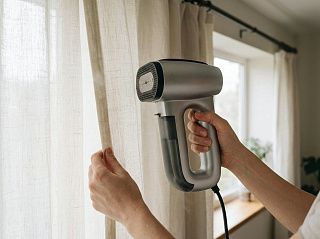 Ручной отпариватель CaseGuru Гладиатор в руке разглаживает льняную штору прямо на карнизе