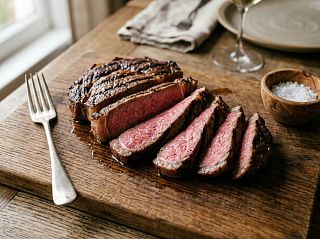 Рибай, нарезанный ломтиками: розовый центр medium rare с тонкой серой каймой и следами от решётки