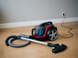 Цилиндрический пылесос Philips PowerPro со шлангом и проводом, включённым в розетку, на полу комнаты