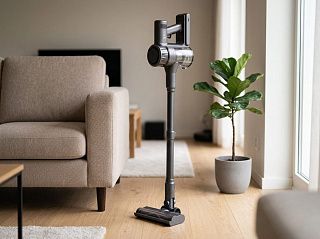 Вертикальный беспроводной пылесос CGCleaner Home 2 стоит на деревянном полу у дивана в светлой гостиной