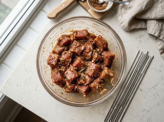Маринованные кубики свинины в миске с луком и специями перед нанизыванием