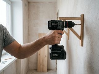 Шуруповёрт CaseGuru Шурик в руке закручивает саморез в кронштейн полки на стене