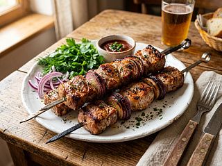 Шашлык из свинины в аэрогриле с запечённым луком