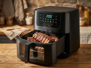 Аэрогриль CaseGuru Жароваров готовит свиные рёбрышки, на дисплее 200 °C