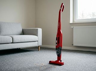 Красный вертикальный пылесос Bosch BBHF214R стоит на сером ковролине в светлой комнате