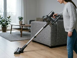 Женщина убирает ламинат в гостиной вертикальным пылесосом CGCleaner Home 2