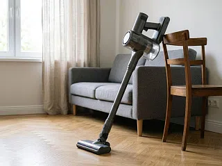 Вертикальный пылесос CaseGuru CGCleaner Home 2 с прозрачным контейнером стоит у стула в комнате