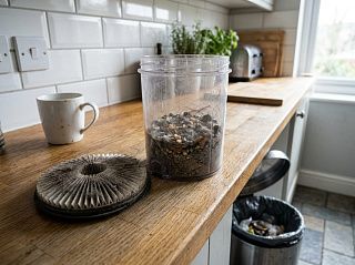 Снятый прозрачный пылесборник с пылью и запылённый фильтр пылесоса на кухонной столешнице