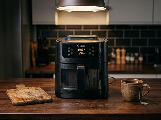 Умный аэрогриль CaseGuru Жароваров на кухне, на дисплее 180 °C и 20 минут, окно с подсветкой