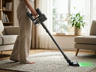 Вертикальный пылесос CaseGuru Хоум 2 в руке убирает ковёр, на ворсе зелёный луч подсветки щётки