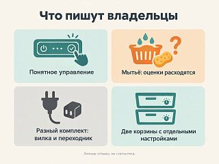 Схема отзывов владельцев: понятное управление, разные оценки мытья, разный комплект вилки, две корзины