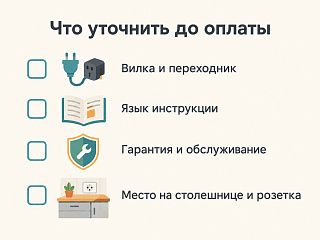 Памятка перед покупкой аэрогриля: вилка и переходник, язык инструкции, гарантия, место на столешнице и розетка