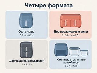 Схема четырёх форматов: одна чаша, две независимые зоны, две чаши одна над другой, сменные стеклянные контейнеры