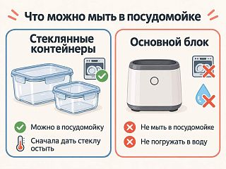 Схема ухода: стеклянные контейнеры можно в посудомойку после остывания, основной блок не мыть и не погружать в воду
