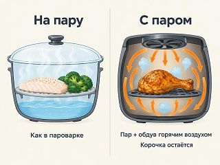 Схема: «на пару» — вода в чаше под крышкой, как в пароварке; «с паром» — пар и обдув горячим воздухом, корочка