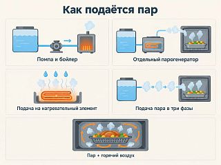 Схема: четыре способа подачи пара в аэрогриле — помпа и бойлер, парогенератор, капли на ТЭН, подача в три фазы