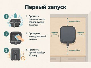 Схема первого запуска: промыть съёмные части, протереть камеру, прогреть пустой прибор 10 минут, зазор 10 см