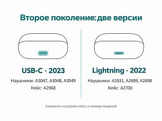 Схема: два контурных кейса с разъёмами USB-C и Lightning и номера наушников и кейсов каждой версии