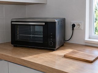 Настольная печь на ровной столешнице у розетки, сетевой шнур подключён, панель не светится